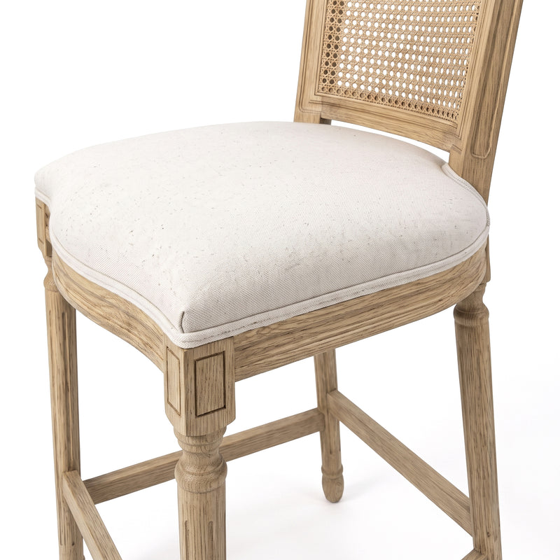 French Provincial / Hamptons Classic Oak Bar Stool with Natural Rattan Cane Back & Beige White Cushion