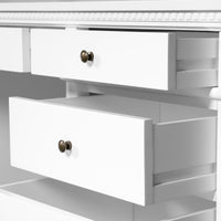 New England Hamptons Executive Desk with Dentil Moulding & Turned Legs – 6 Drawer 1 cupboard Pedestal Study Desk
