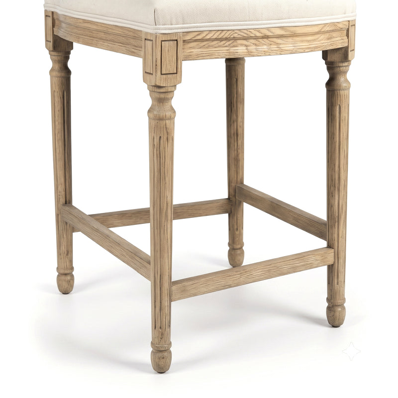French Provincial / Hamptons Classic Oak Bar Stool with Natural Rattan Cane Back & Beige White Cushion
