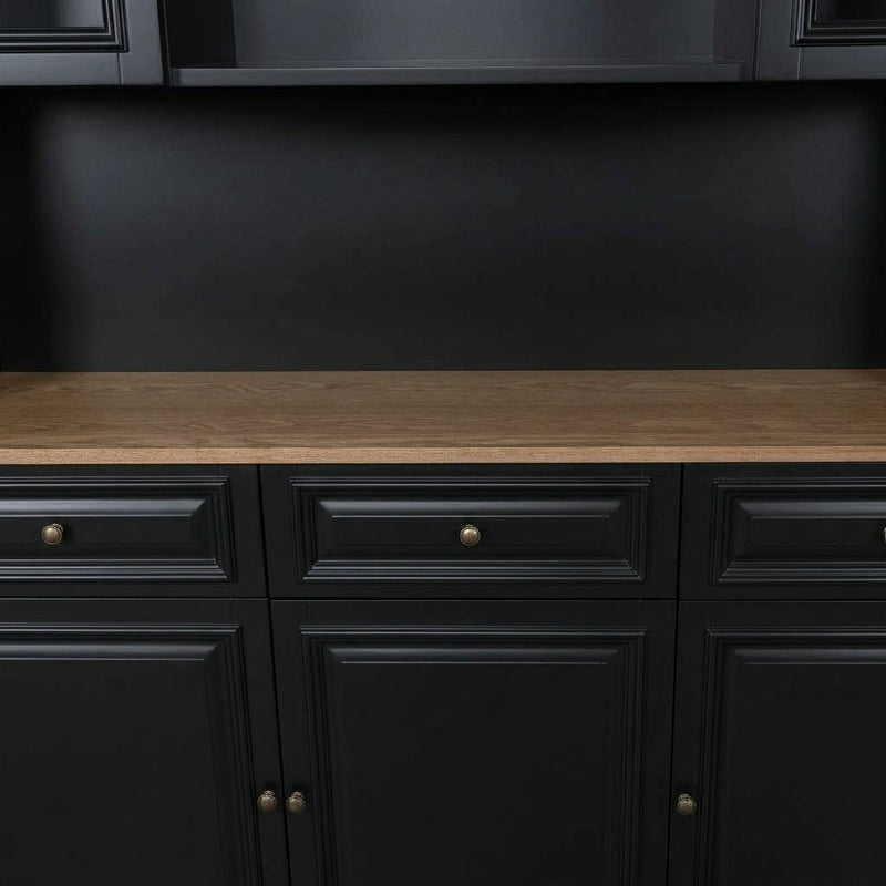 Hamptons Library Wall Unit Modular Buffet and Hutch Glass Cabinet with Cupboard in Black with Natural Top (Pre-order extra $1000 Early Bird discount)