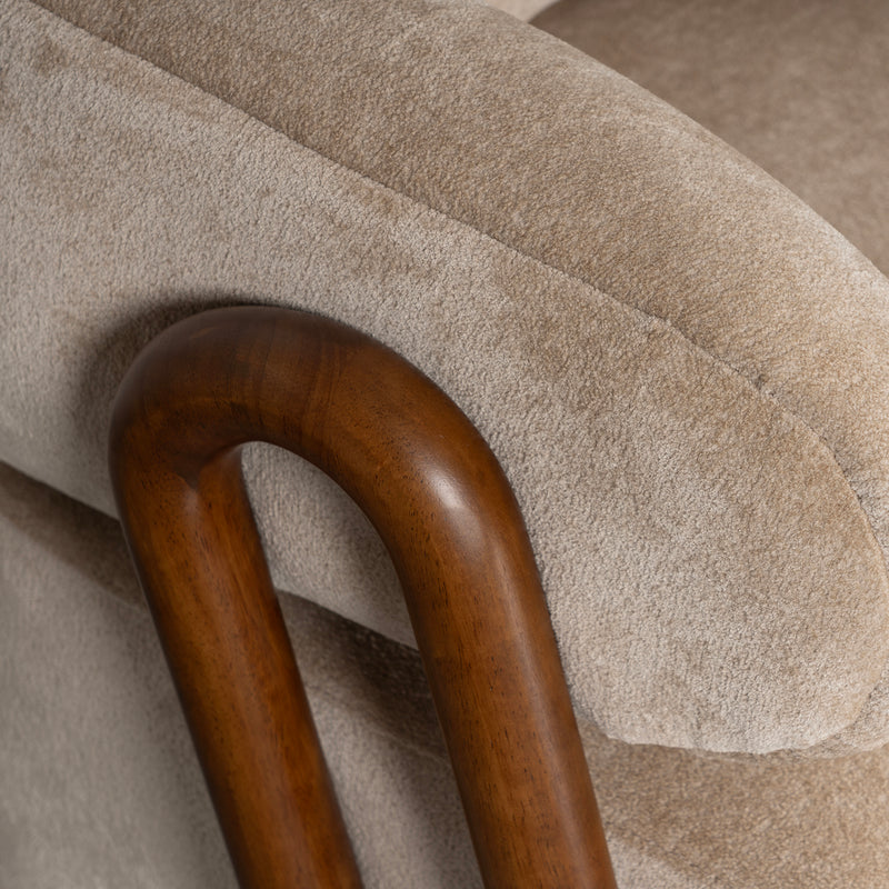 Luna Loop Boucle Armchair with Wooden Armrest in Afternoon Brown / Butter Cream