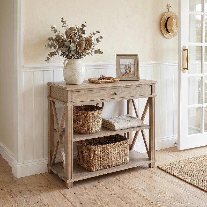 Hamptons Coastal Cross 1 Drawer Bedside Table with Shelf