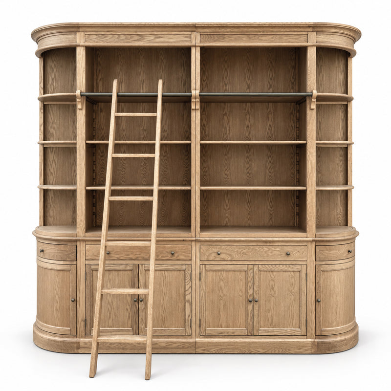 French Provincial Grand Library Bookcase Cabinet with Ladder & Curved Side Detailing Display