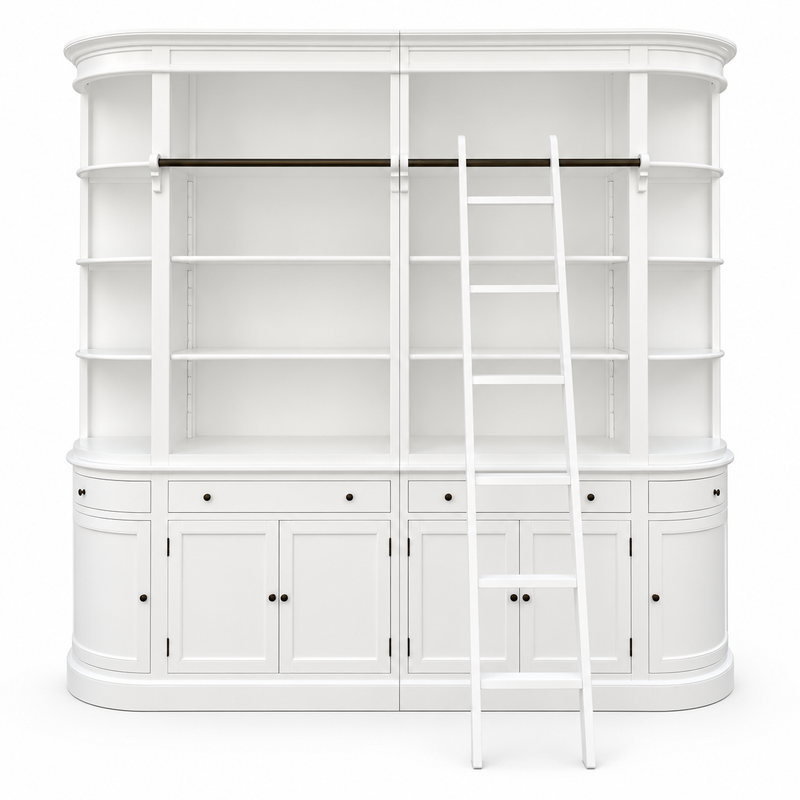 French Provincial Grand Library Bookcase Cabinet with Ladder & Curved Side Detailing Display