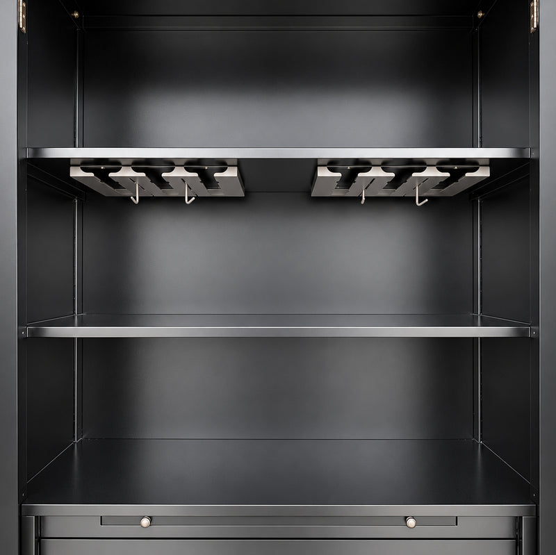 Hamptons Glass Door Display Wine Bar & Drink Cabinet with Storage, Wine Rack, Glass Holders & Pull-Out Trays 110cm Wide