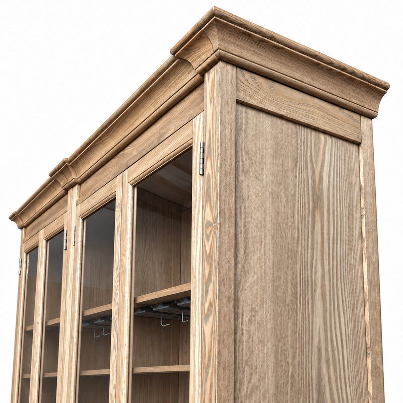 Hamptons Glass Door Display Wine Bar & Drink Cabinet with Storage, Wine Rack, Glass Holders & Pull-Out Trays 110cm Wide