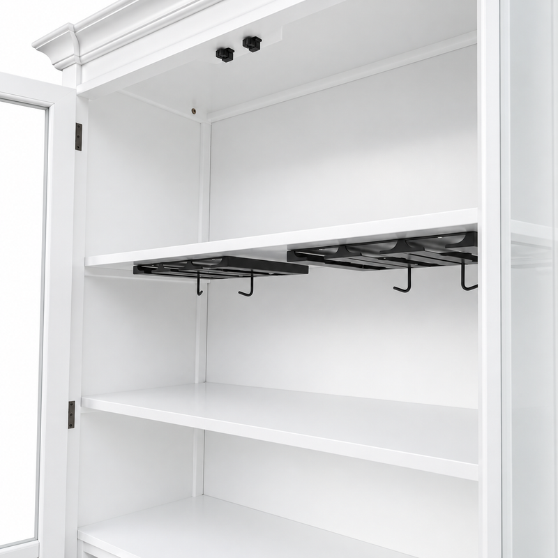 Hamptons Glass Door Display Wine Bar & Drink Cabinet with Storage, Wine Rack, Glass Holders & Pull-Out Trays 110cm Wide