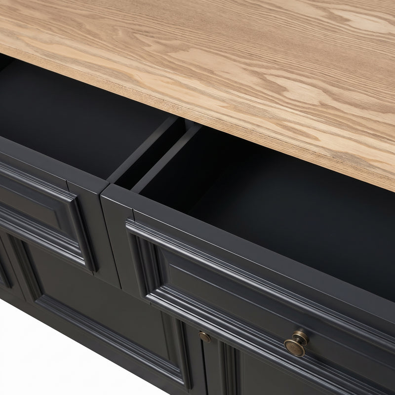 Hamptons Library Wall Unit Modular Buffet and Hutch Glass Cabinet with Cupboard in Black with Natural Top (Pre-order extra $1000 Early Bird discount)