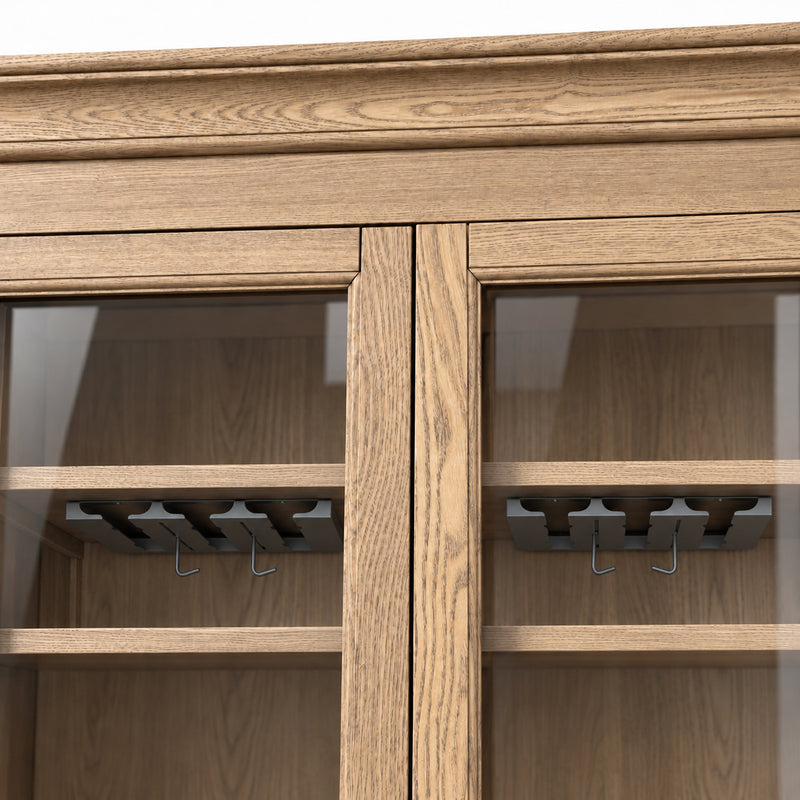Hamptons Glass Door Display Wine Bar & Drink Cabinet with Storage, Wine Rack, Glass Holders & Pull-Out Trays 110cm Wide