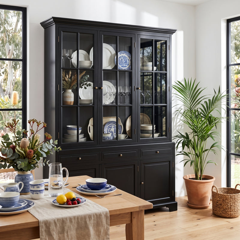 Hamptons Coastal Buffet and Hutch Glass Display Cabinet Bookcase