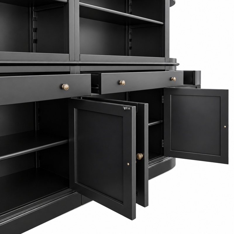 French Provincial Grand Library Bookcase Cabinet with Ladder & Curved Side Detailing Display