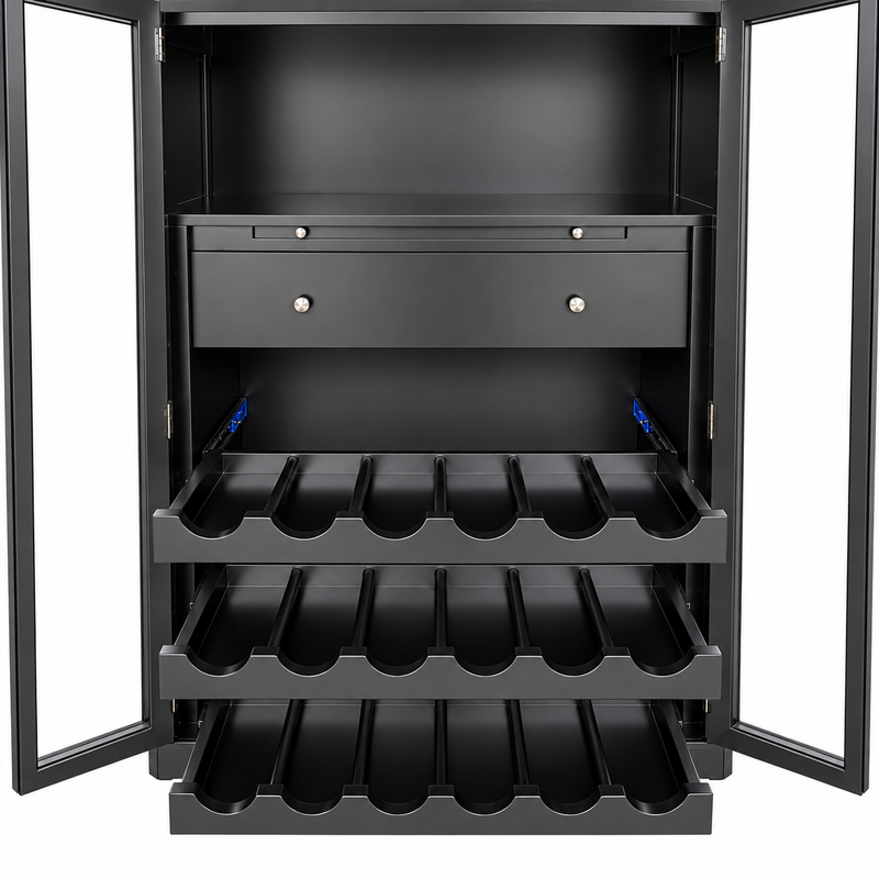 Hamptons Glass Door Display Wine Bar & Drink Cabinet with Storage, Wine Rack, Glass Holders & Pull-Out Trays 110cm Wide