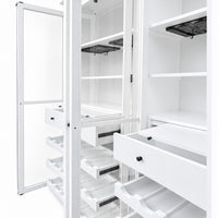 Hamptons Glass Door Display Wine Bar & Drink Cabinet with Storage, Wine Rack, Glass Holders & Pull-Out Trays 110cm Wide