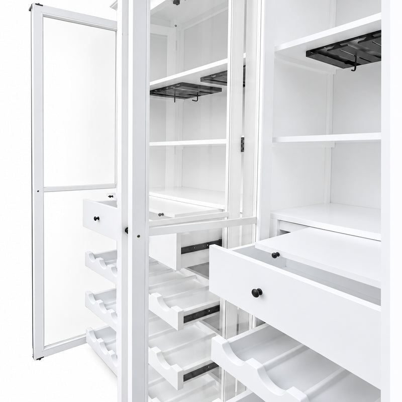 Hamptons Glass Door Display Wine Bar & Drink Cabinet with Storage, Wine Rack, Glass Holders & Pull-Out Trays 110cm Wide