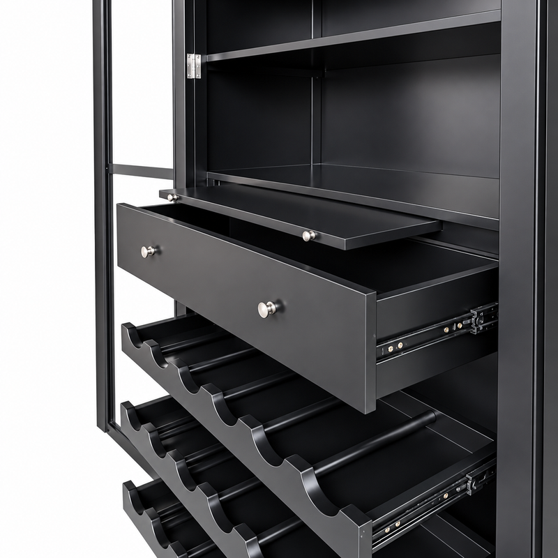 Hamptons Glass Door Display Wine Bar & Drink Cabinet with Storage, Wine Rack, Glass Holders & Pull-Out Trays 110cm Wide
