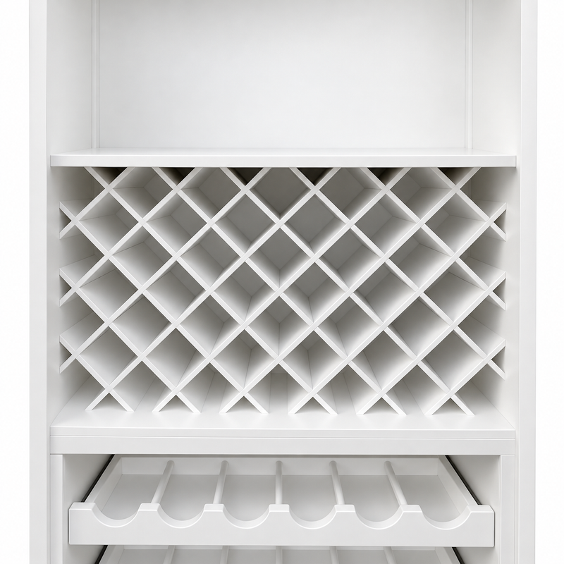 Hamptons Glass Door Display Wine Bar & Drink Cabinet with Storage, Lattice Wine Rack,Glass Holders & Bottle Trays 110cm Wide