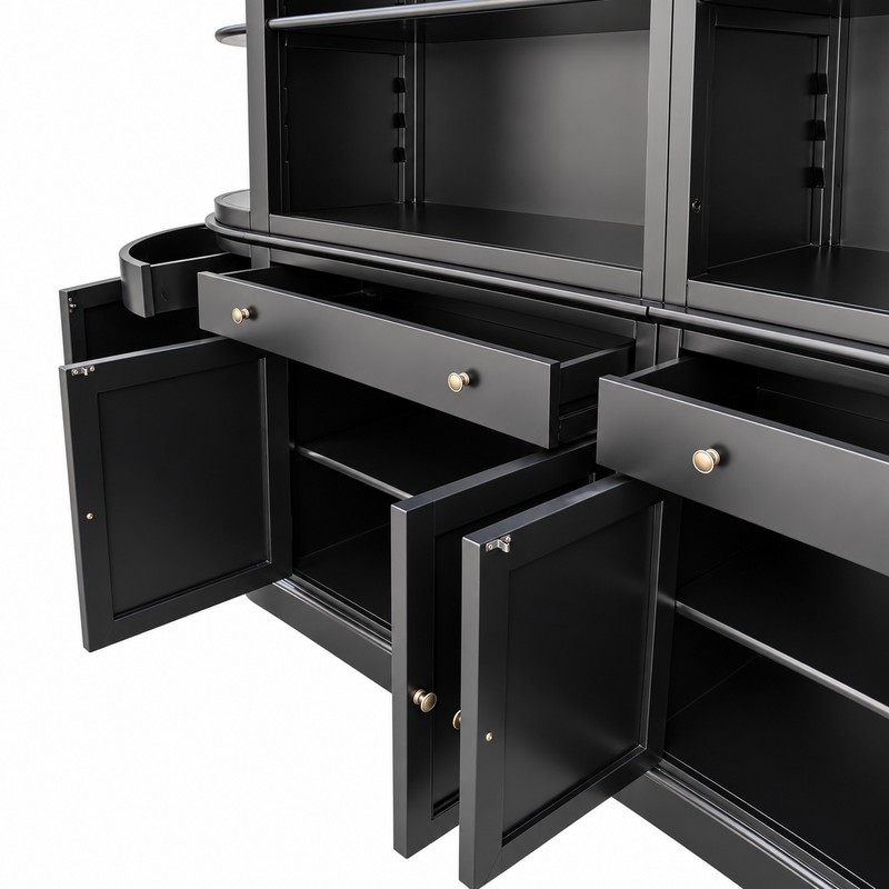 French Provincial Grand Library Bookcase Cabinet with Ladder & Curved Side Detailing Display