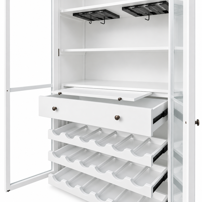 Hamptons Glass Door Display Wine Bar & Drink Cabinet with Storage, Wine Rack, Glass Holders & Pull-Out Trays 110cm Wide