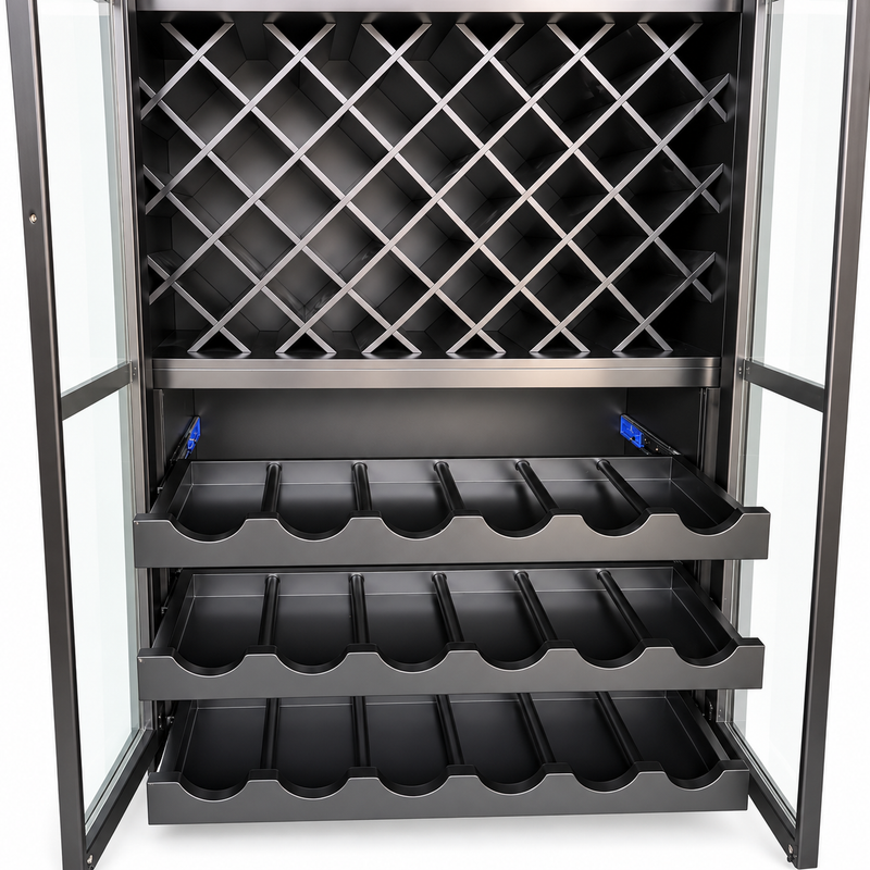 Hamptons Glass Door Display Wine Bar & Drink Cabinet with Storage, Lattice Wine Rack,Glass Holders & Bottle Trays 110cm Wide