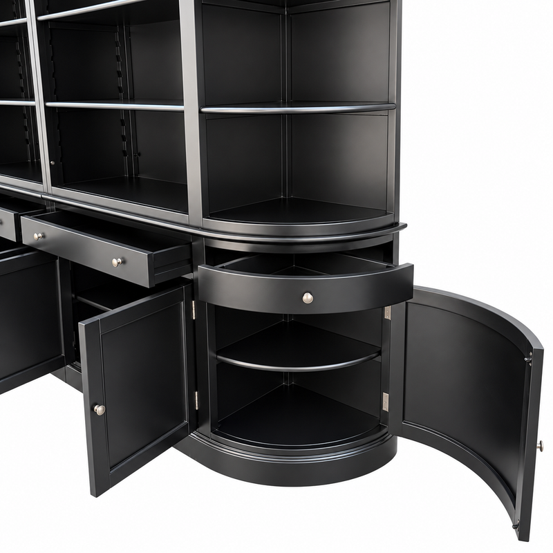 French Provincial Grand Library Bookcase Cabinet with Ladder & Curved Side Detailing Display