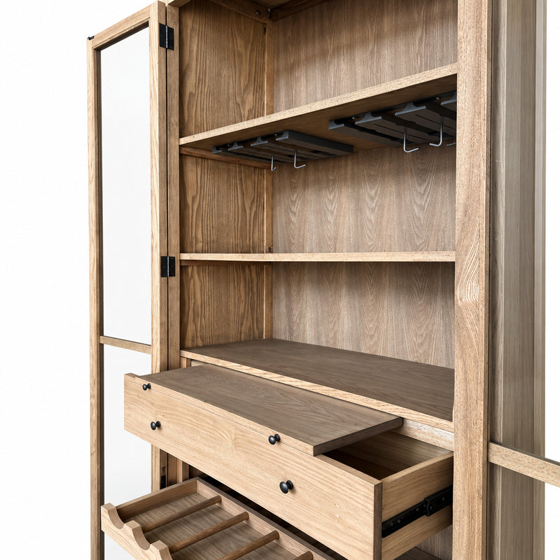 Hamptons Glass Door Display Wine Bar & Drink Cabinet with Storage, Wine Rack, Glass Holders & Pull-Out Trays 110cm Wide