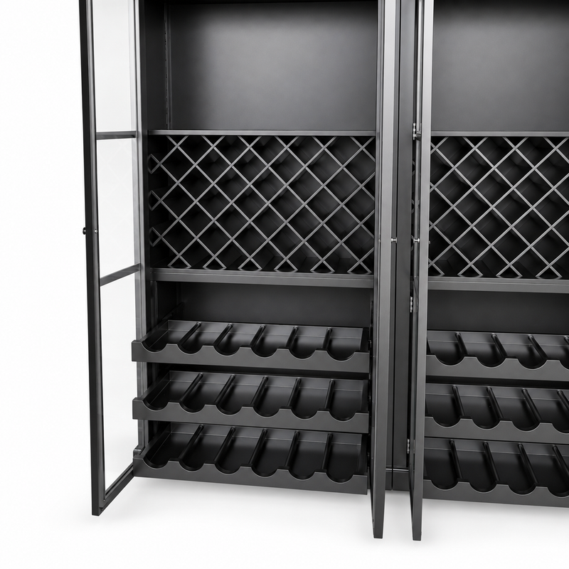Hamptons Glass Door Display Wine Bar & Drink Cabinet with Storage, Lattice Wine Rack,Glass Holders & Bottle Trays 110cm Wide