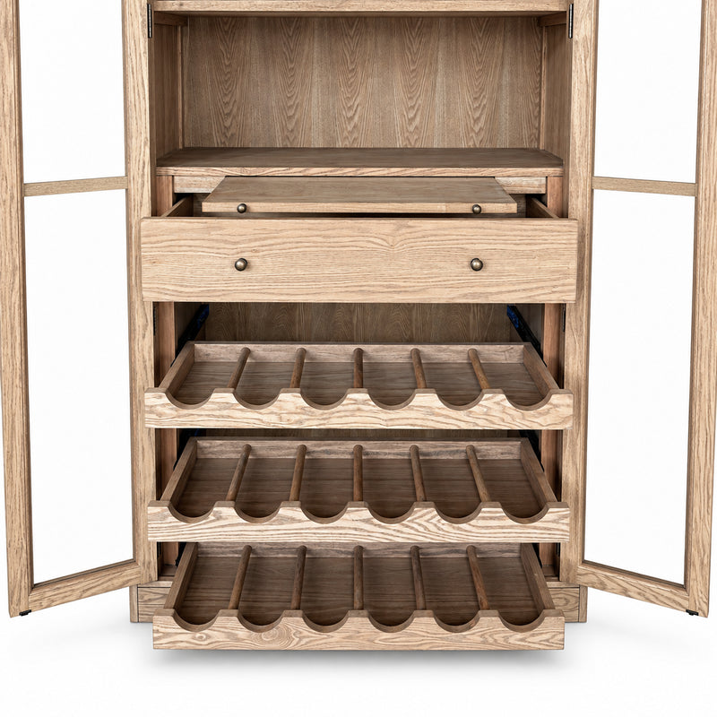 Hamptons Glass Door Display Wine Bar & Drink Cabinet with Storage, Wine Rack, Glass Holders & Pull-Out Trays 110cm Wide