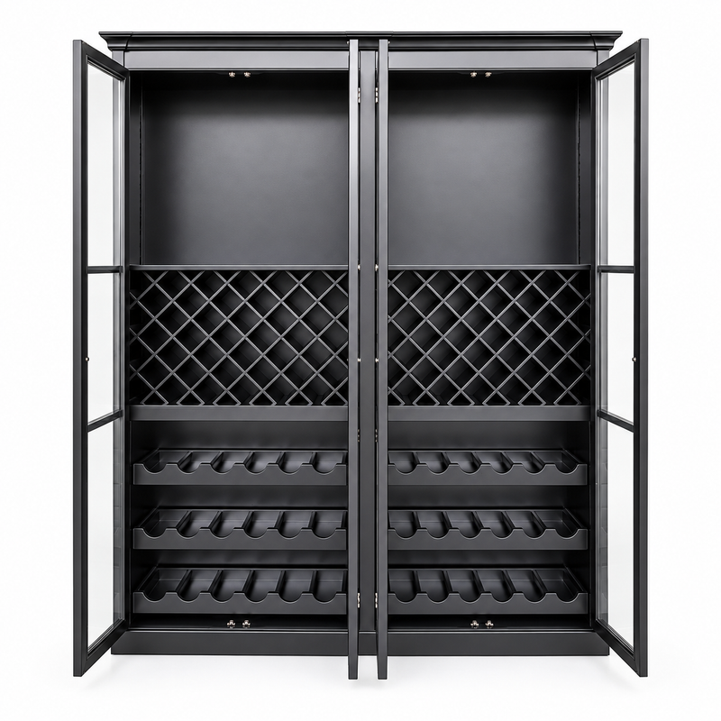 Hamptons Glass Door Display Wine Bar & Drink Cabinet with Storage, Lattice Wine Rack,Glass Holders & Bottle Trays 110cm Wide