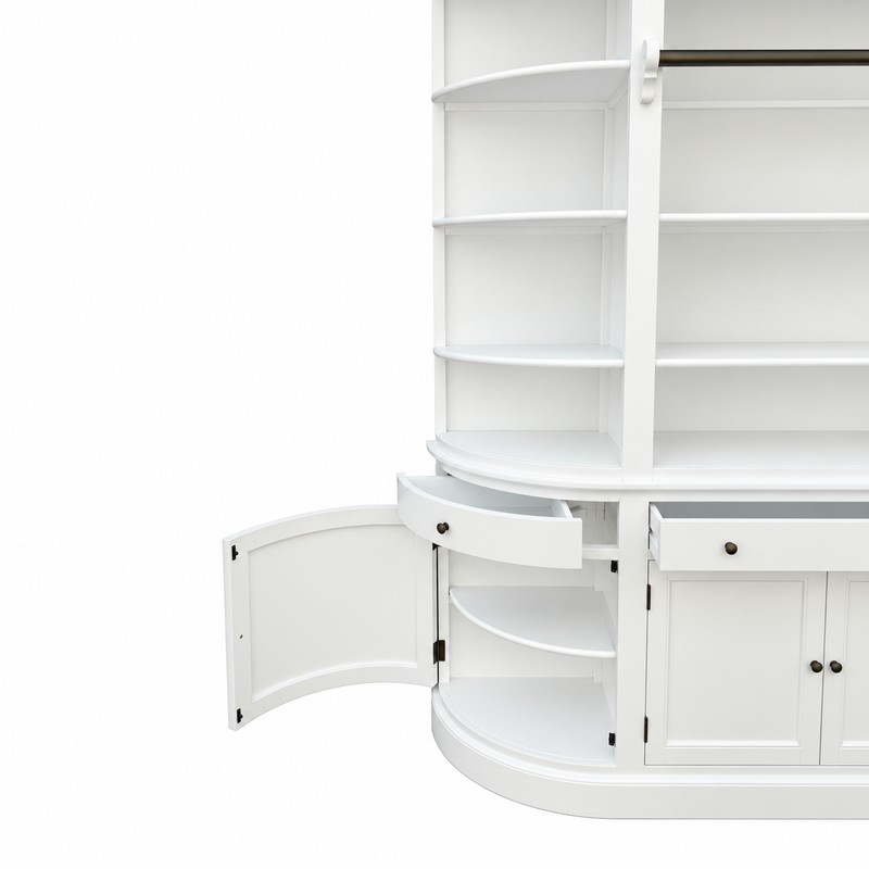French Provincial Grand Library Bookcase Cabinet with Ladder & Curved Side Detailing Display