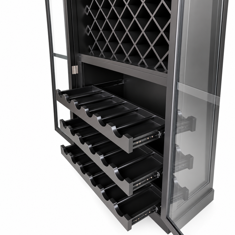 Hamptons Glass Door Display Wine Bar & Drink Cabinet with Storage, Lattice Wine Rack,Glass Holders & Bottle Trays 110cm Wide