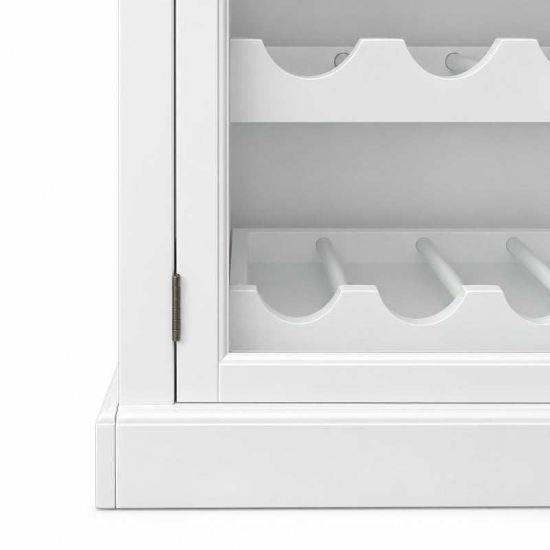 Hamptons Glass Door Display Wine Bar & Drink Cabinet with Storage, Wine Rack, Glass Holders & Pull-Out Trays 110cm Wide