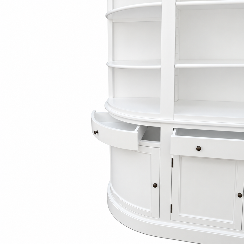 French Provincial Grand Library Bookcase Cabinet with Ladder & Curved Side Detailing Display