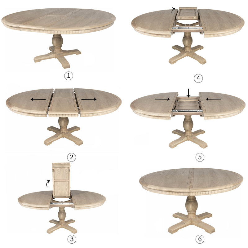 New England Hamptons Round Dining Table with Dentil Molding in Natural Ash Pedestal Base 150cm-190cm