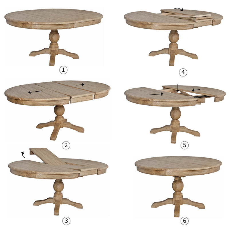 French Provincial Farmhouse 140-180cm Pedestal Extendable Round Dining Table Elm wood