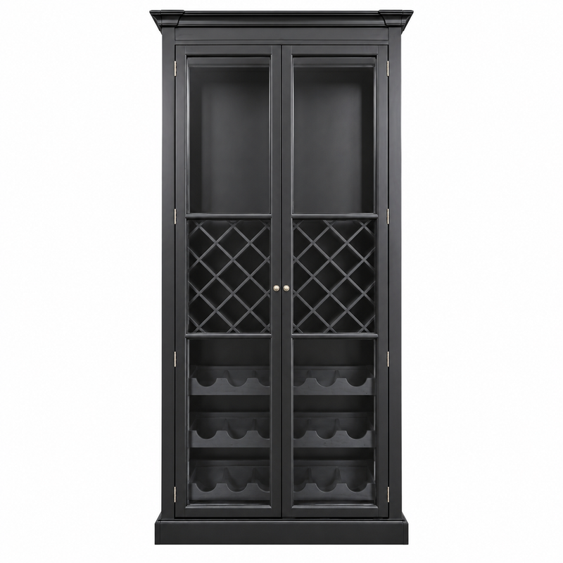 Hamptons Glass Door Display Wine Bar & Drink Cabinet with Storage, Lattice Wine Rack,Glass Holders & Bottle Trays 110cm Wide