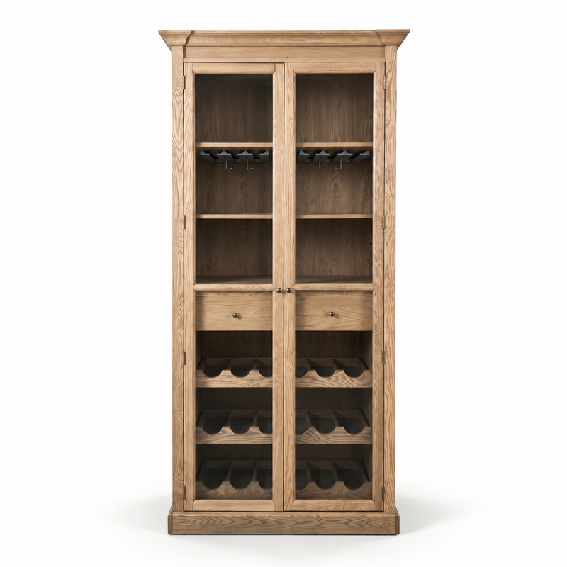 Hamptons Glass Door Display Wine Bar & Drink Cabinet with Storage, Wine Rack, Glass Holders & Pull-Out Trays 110cm Wide