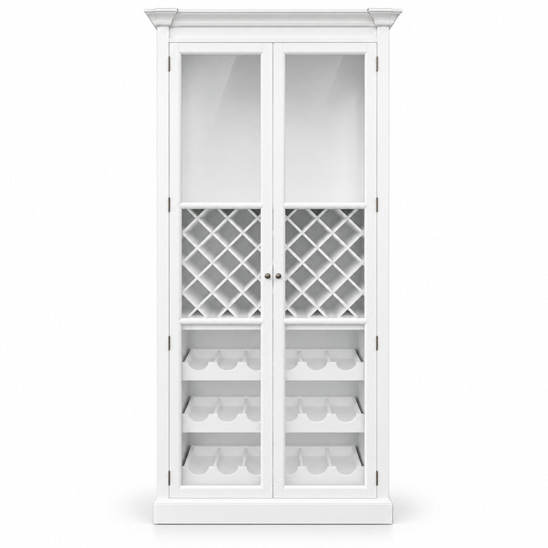 Hamptons Glass Door Display Wine Bar & Drink Cabinet with Storage, Lattice Wine Rack,Glass Holders & Bottle Trays 110cm Wide
