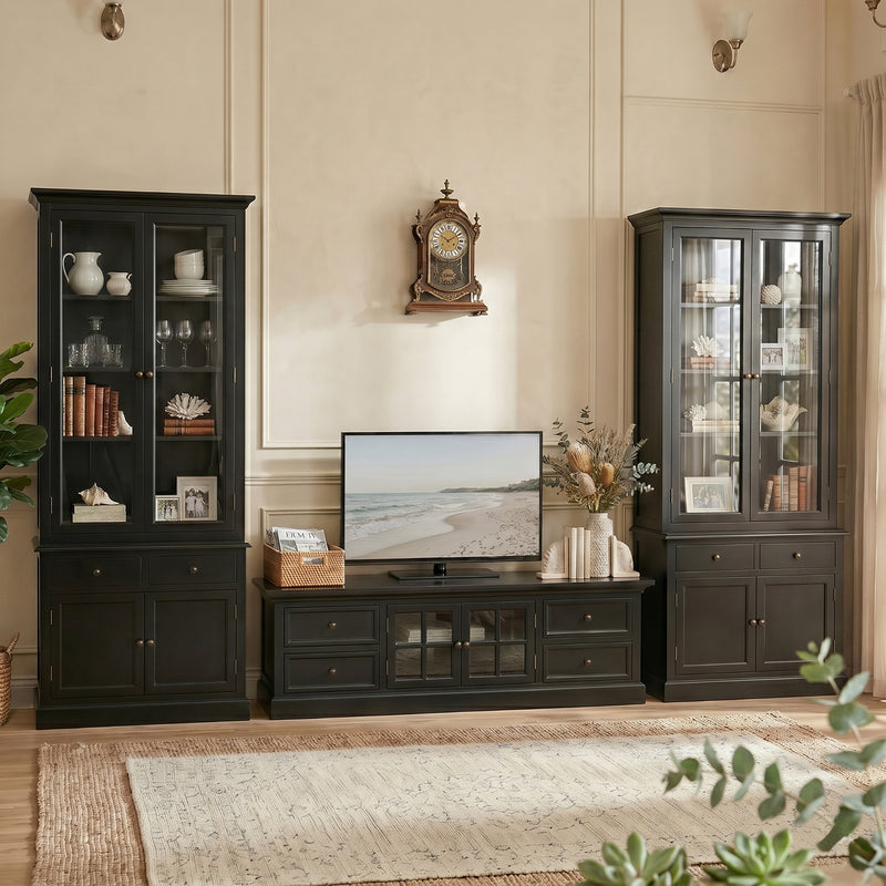 The Hamptons Halifax Estate Collection: 3-Piece Hamptons Living Room Suite - 180cm TV Unit & Twin Glass Cabinet Towers