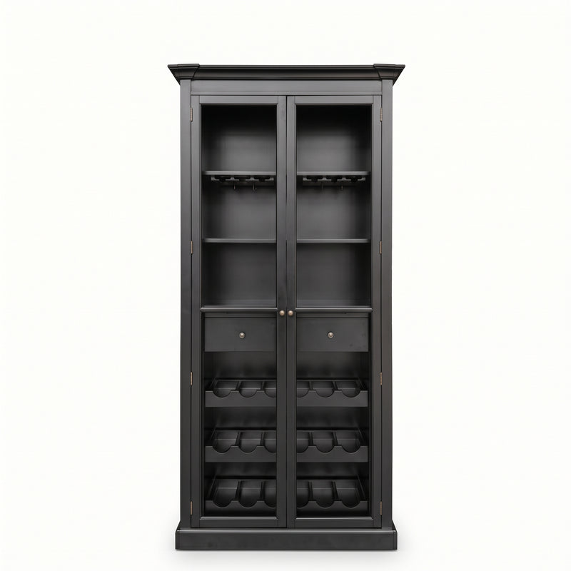 Hamptons Glass Door Display Wine Bar & Drink Cabinet with Storage, Wine Rack, Glass Holders & Pull-Out Trays 110cm Wide