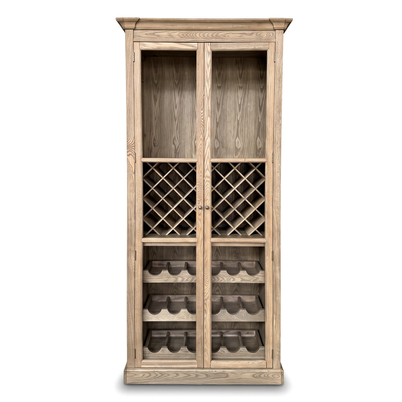 Hamptons Glass Door Display Wine Bar & Drink Cabinet with Storage, Lattice Wine Rack,Glass Holders & Bottle Trays 110cm Wide