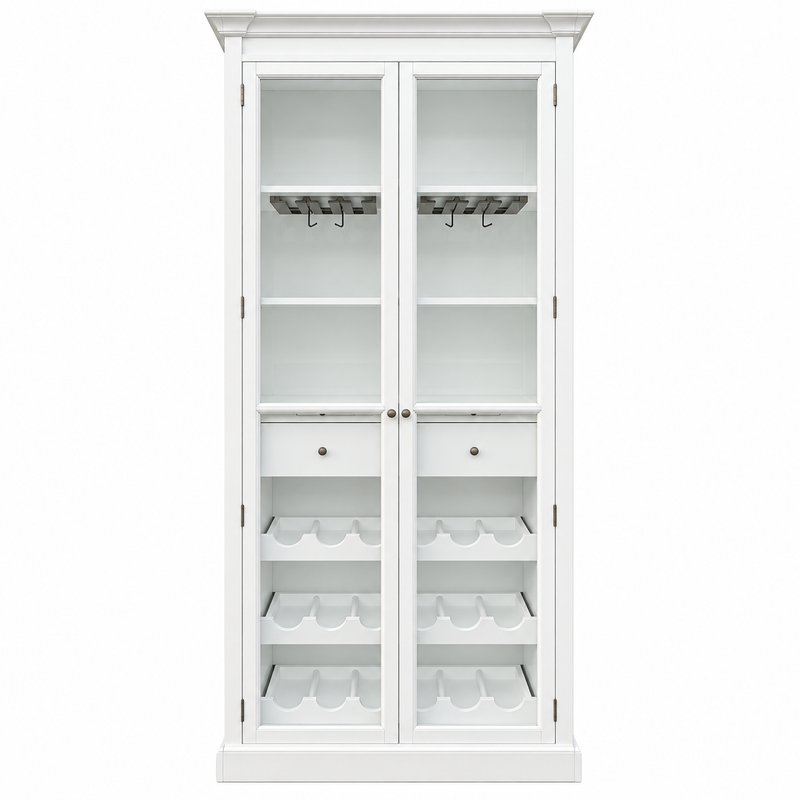Hamptons Glass Door Display Wine Bar & Drink Cabinet with Storage, Wine Rack, Glass Holders & Pull-Out Trays 110cm Wide