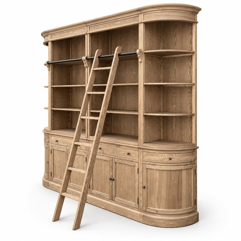 French Provincial Grand Library Bookcase Cabinet with Ladder & Curved Side Detailing Display