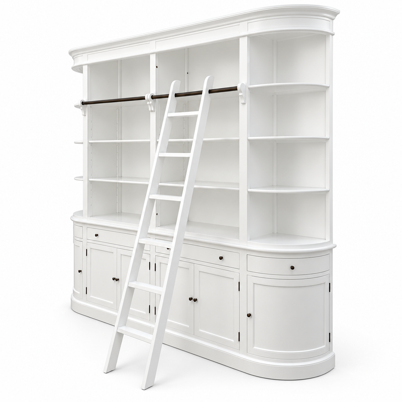 French Provincial Grand Library Bookcase Cabinet with Ladder & Curved Side Detailing Display