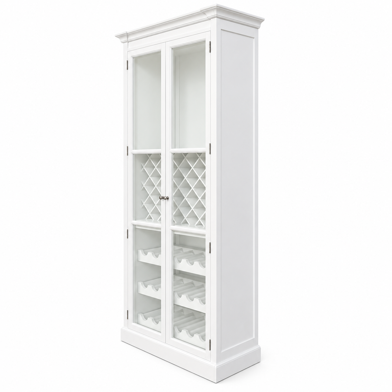Hamptons Glass Door Display Wine Bar & Drink Cabinet with Storage, Lattice Wine Rack,Glass Holders & Bottle Trays 110cm Wide