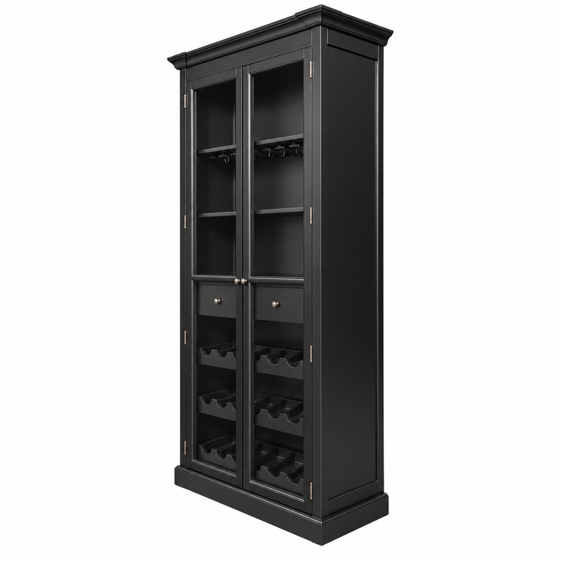 Hamptons Glass Door Display Wine Bar & Drink Cabinet with Storage, Wine Rack, Glass Holders & Pull-Out Trays 110cm Wide