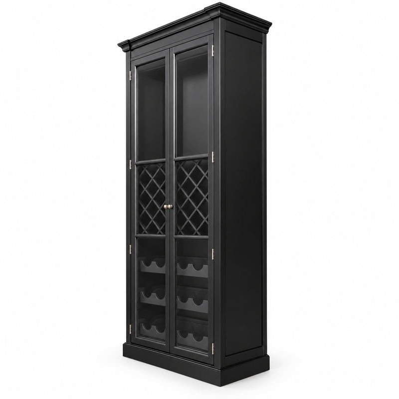 Hamptons Glass Door Display Wine Bar & Drink Cabinet with Storage, Lattice Wine Rack,Glass Holders & Bottle Trays 110cm Wide