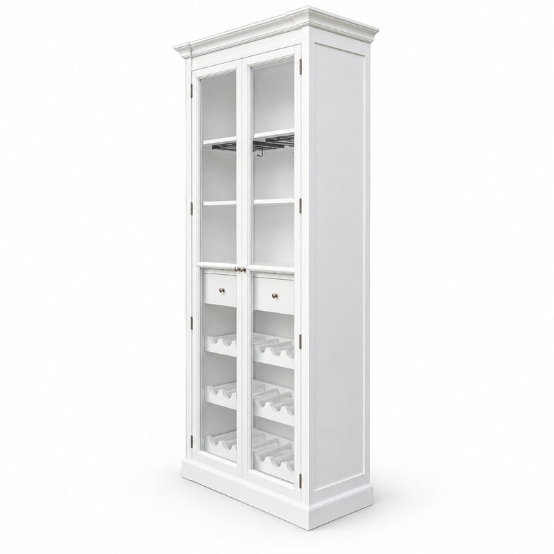 Hamptons Glass Door Display Wine Bar & Drink Cabinet with Storage, Wine Rack, Glass Holders & Pull-Out Trays 110cm Wide