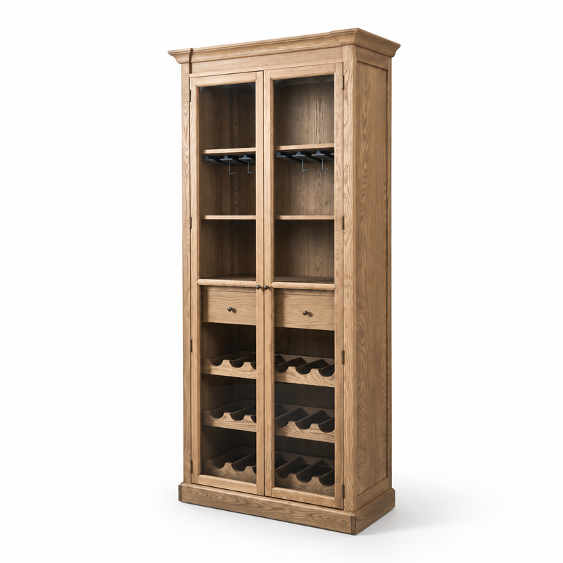 Hamptons Glass Door Display Wine Bar & Drink Cabinet with Storage, Wine Rack, Glass Holders & Pull-Out Trays 110cm Wide