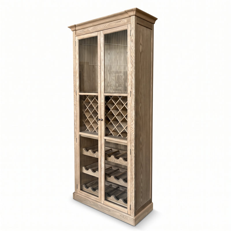 Hamptons Glass Door Display Wine Bar & Drink Cabinet with Storage, Lattice Wine Rack,Glass Holders & Bottle Trays 110cm Wide