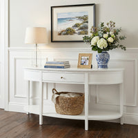 New England Hamptons Half-Moon Curve Hallway Console Table Dentil Molding Design